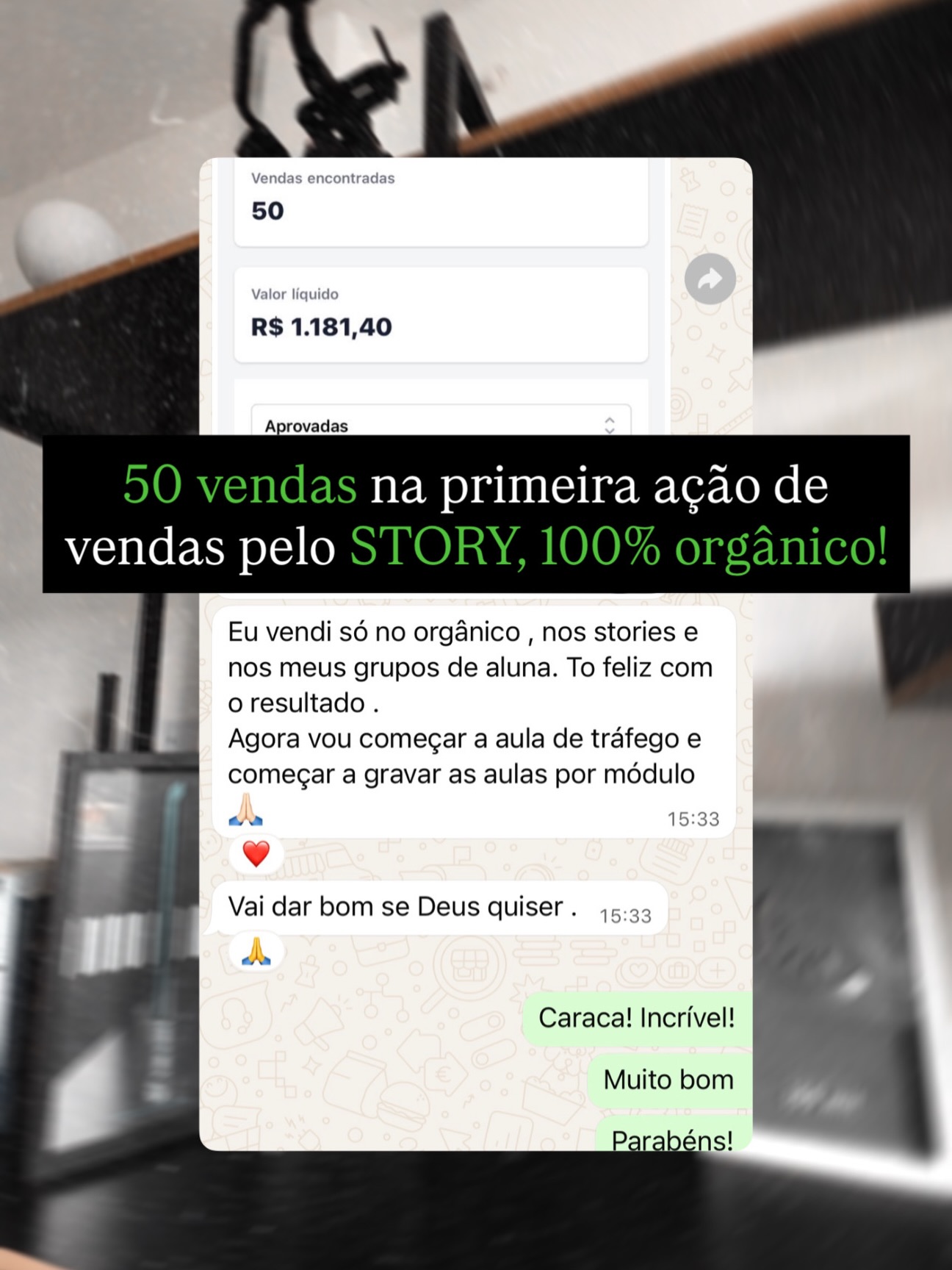 Print com relato de 50 vendas em uma ação orgânica