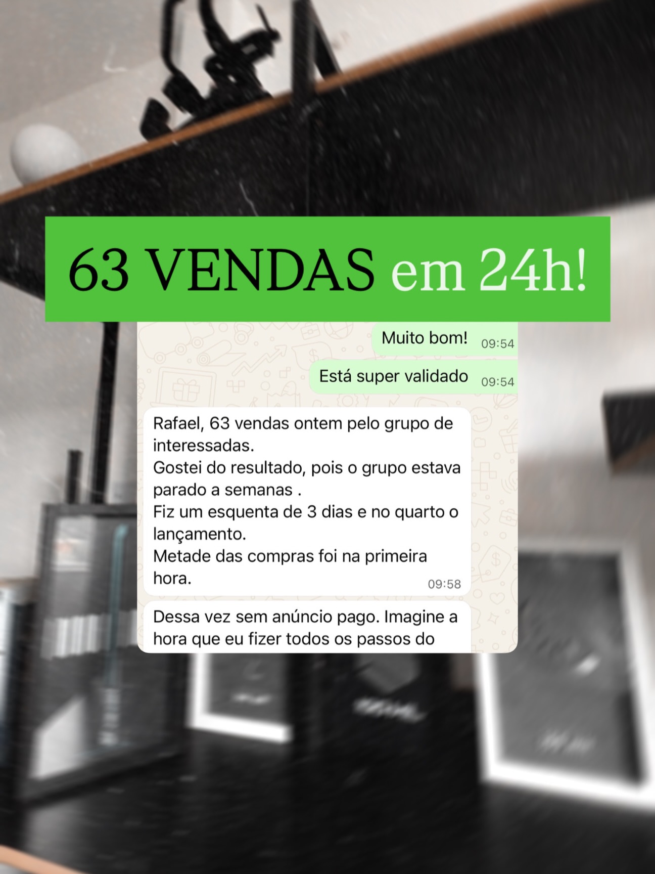 Print com relato de 63 vendas em 24 horas