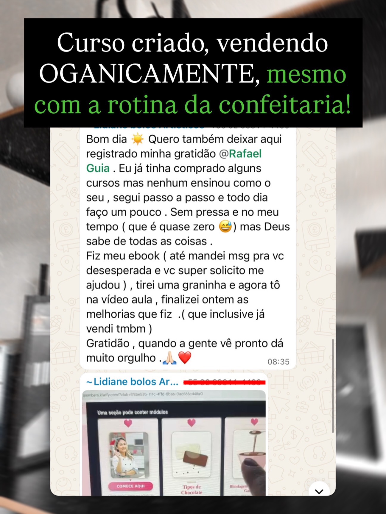 Print de aluna contando que criou o produto e começou a vender